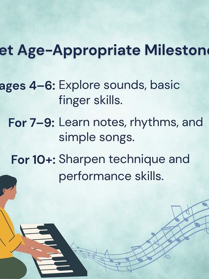 Setting the right milestones is key. For toddlers and young children, we focus on exploring sounds and basic rhythms, while older kids can move on to learning notes and simple songs.