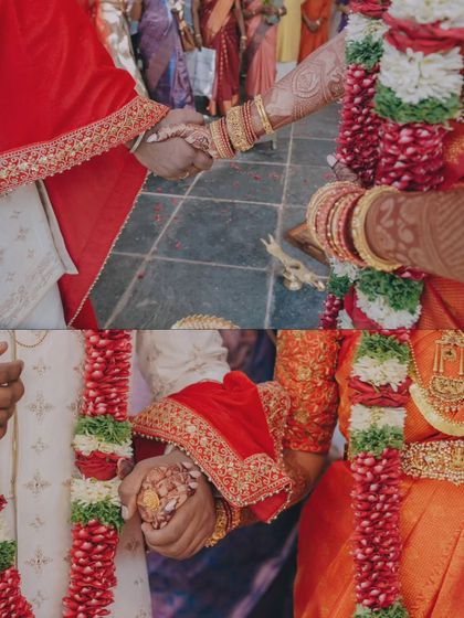 Close-up shots of the couple's hands during the ceremony, symbolizing their union and commitment.