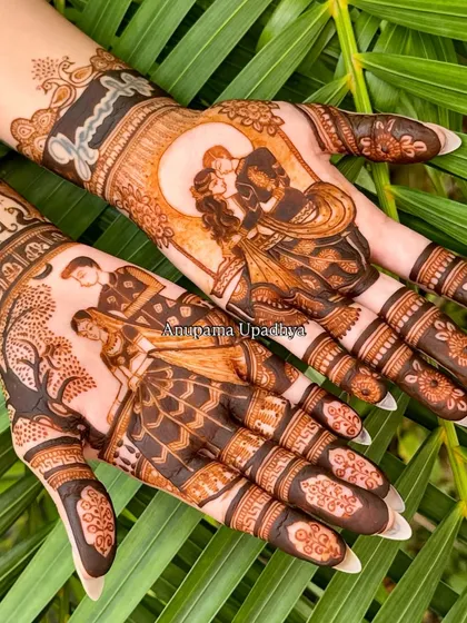 This is one of my favorite Karwa Chauth designs, capturing that romantic moment between a couple. I love creating these personalized scenes for my clients in Panchkula and Chandigarh.