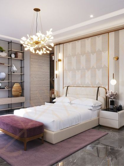 The overall design of the bedroom is serene yet lavish, with a focus on sophisticated details and high-quality materials.