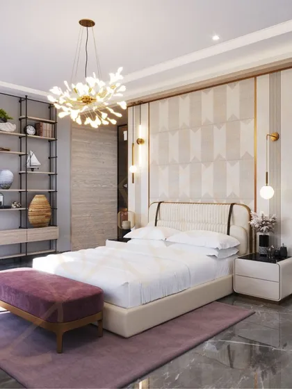 A wider view of the bedroom, showcasing the elegant floral-inspired chandelier and a custom open-shelf unit for display and storage.
