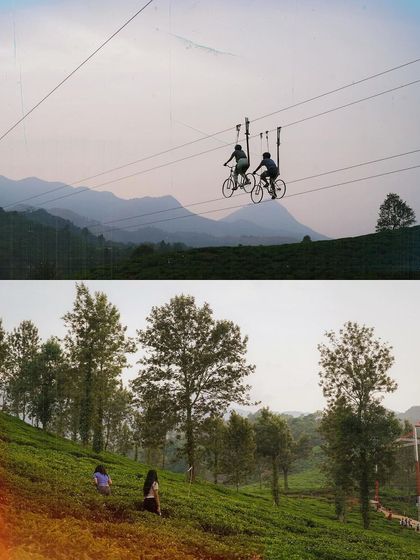 Ziplining is even more fun when you do it with a friend. Here are two travelers cycling across the valley in Wayanad, an experience that's as unique as it is thrilling.