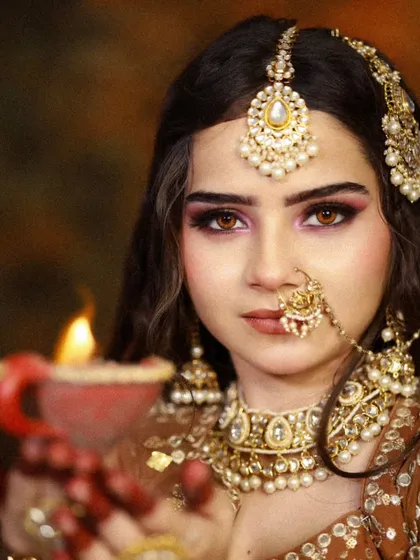 A traditional pose with a diya, creating a warm and festive mood that complements the bridal look.