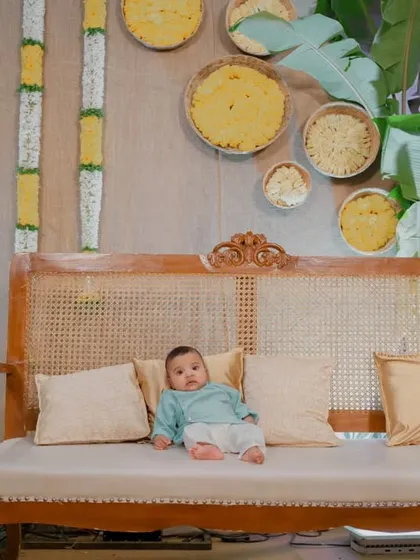 Welcoming a little one into a world of new tastes and traditions. For this Annaprashan, we used earthy elements like cane, jute, and marigolds to create a warm, serene atmosphere for the baby's first meal.