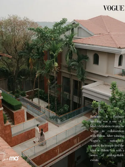 An aerial view of the couple at the Hilton Goa, featured in Vogue's first-ever wedding. This shot highlights the stunning architecture of the venue and provides a unique perspective on their celebration.