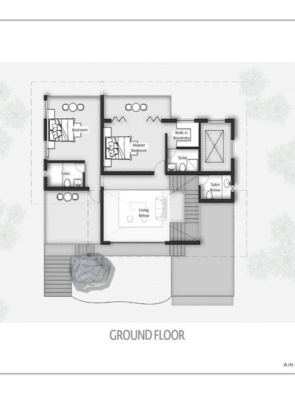 The ground floor plan for The Ridgeway Escape in Coorg. The design shows how the living spaces are positioned below, nestled into the hill to create a cozy, grounded feeling.