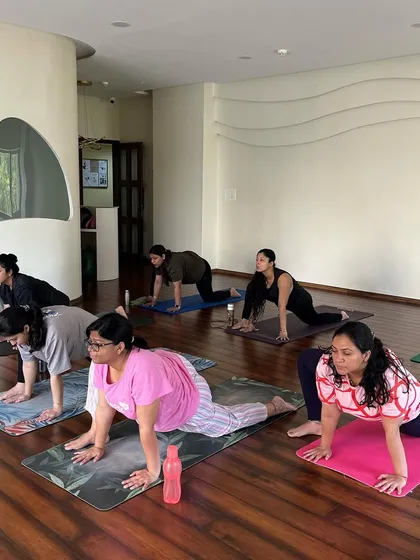 Here you can see my prenatal yoga family moving together in a gentle low lunge. My classes are a space where you can stretch, breathe, and glow, all while being supported by a community of women on the same path.