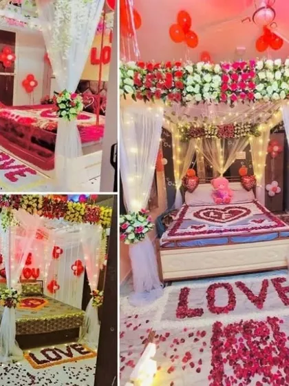 A collage showcasing various four-poster bed decorations for romantic occasions. Setups include canopies, flowers, fairy lights, and 'LOVE' messages made from rose petals.