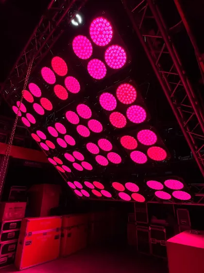 The MegaBrute rig displaying a dynamic pink and red color combination, showcasing its pixel-mapping capabilities.