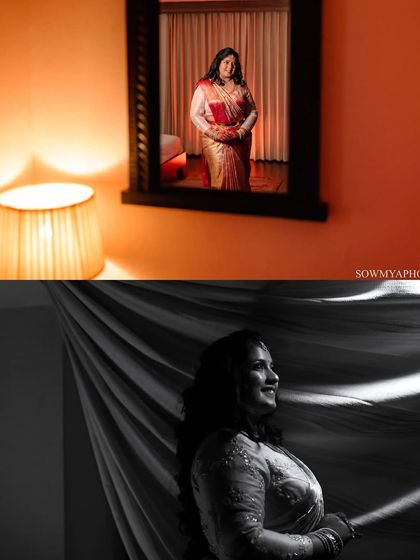A creative bridal portrait collage, using a mirror reflection and dramatic shadows to create an artistic and moody effect.