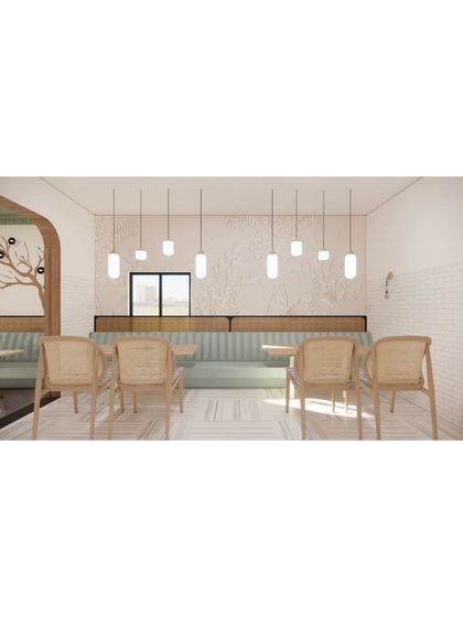 Every design begins with a vision. This is the initial 3D render for the 'White Garden' dining space, where I mapped out the wall treatments, seating layout, and lighting plan to ensure a harmonious final result.