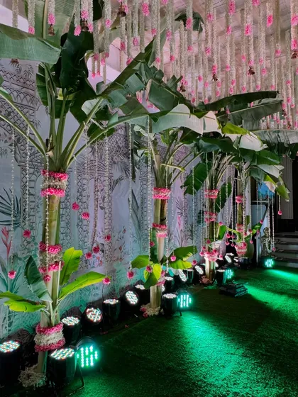 A close-up of the entrance decor for the pink and white Janoi ceremony. Traditional banana trees are adorned with delicate strings of white and pink flowers, blending natural elements with a soft, elegant color scheme.