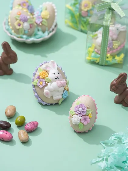 My hand-decorated marzipan eggs, a traditional Easter confection. Each egg is beautifully sculpted and painted, making them a delightful treat for those who love almond flavors.
