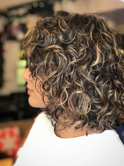 A side profile of the curly hair with blonde highlights. You can see how the colour accentuates the individual curl clumps, adding definition and brightness.
