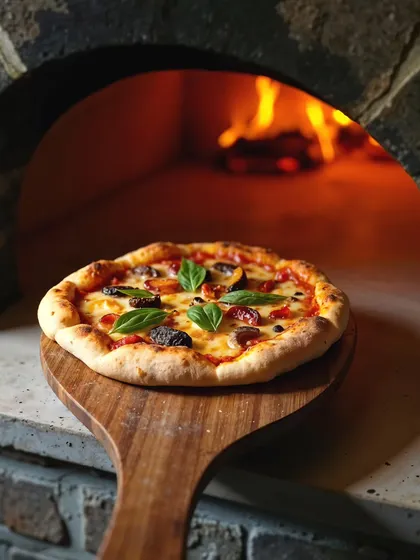 There's nothing like a pizza straight from a real wood-fired oven. Here, a classic Margherita pizza with fresh basil is ready to be served, showcasing one of our most popular live Italian stations.