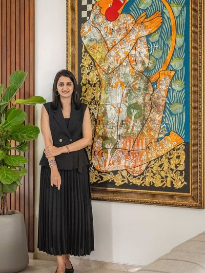 A moment of pride standing next to a stunning piece of art in our 'Enchanted Eco' project. This space is a reflection of our shared passion for creating beautiful and meaningful interiors.