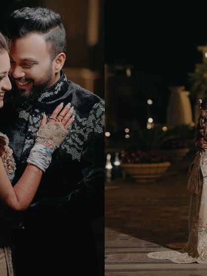 A diptych of Aditya and Megha from their glamorous evening function. These night portraits showcase their elegant outfits and the romantic ambiance of the venue.