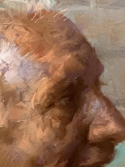 A close-up detail of the "Grandfather" pastel portrait. You can see the layers of soft pastel and the way they are blended to create the texture of aged skin.
