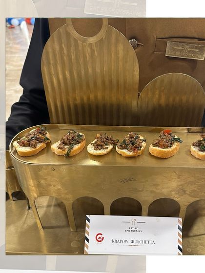 A Thai twist on an Italian classic. Our Krapow Bruschetta features spicy minced filling on a toasted baguette, served on a unique brass platter.