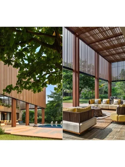 A collage showing the double-height patio space, which is enclosed by a delicate screen of vertical fins to filter light and create a sense of enclosure.