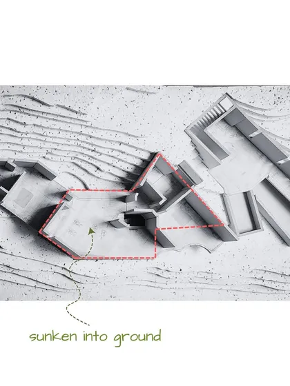 This annotated model highlights the part of the structure that is sunken into the ground. This design strategy helps maintain a low profile and enhances the building's thermal insulation, making it more sustainable.