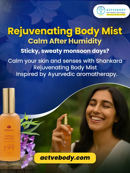 Feeling the sticky, sweaty effects of monsoon humidity? This image of a woman happily spritzing Shankara Rejuvenating Body Mist shows how this Ayurvedic aromatherapy product can calm your skin and senses.