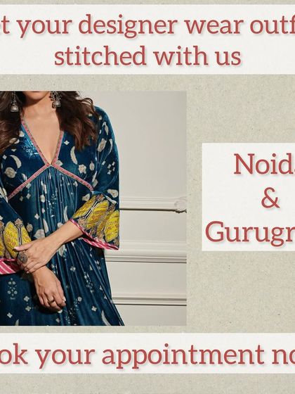 Get your designer wear outfits stitched with us. This image features a beautiful blue velvet kaftan-style dress, a look we can create for you in Noida and Gurugram.