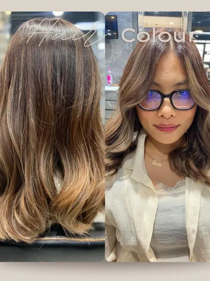 A before-and-after look at a modern balayage with bold, face-framing blonde pieces, also known as a money piece, that brighten the entire look.