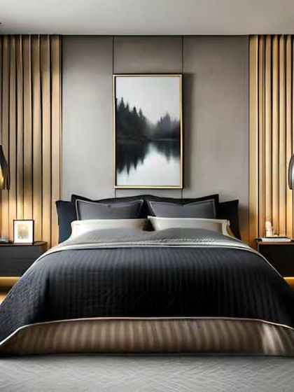 A sophisticated bedroom with a dark, moody color palette. The design features vertical wood slats behind the bed, elegant pendant lights, and a dedicated workspace, creating a perfect blend of relaxation and productivity.