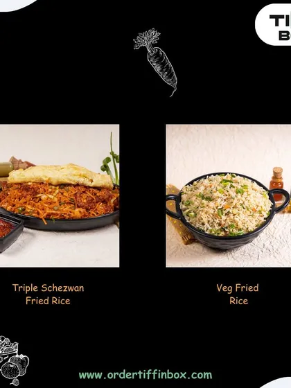 A simple yet delicious duo from our Chinese menu. On the left is our Triple Schezwan Fried Rice, and on the right is our classic Veg Fried Rice.