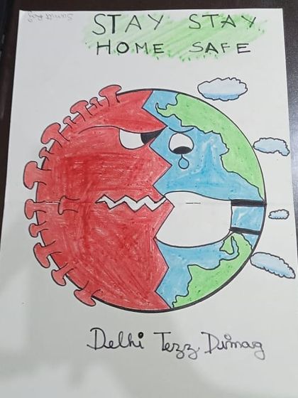 A powerful drawing from our competition with the message "Stay Home, Stay Safe," depicting the earth fighting against the coronavirus.