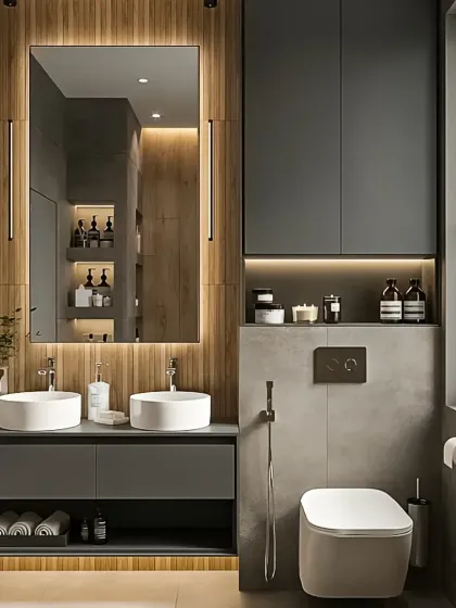 This modern bathroom combines functionality with spa-like luxury. I used a floating dual-sink vanity in matte grey, complemented by warm wood paneling and backlit mirrors to create a warm, inviting ambiance while maximizing storage.
