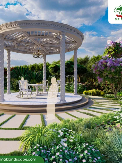 A classical white gazebo serves as the focal point in this beautifully rendered garden design. Surrounded by flowering trees and intricate pathways, it provides a timeless and elegant destination for quiet contemplation or social gatherings.