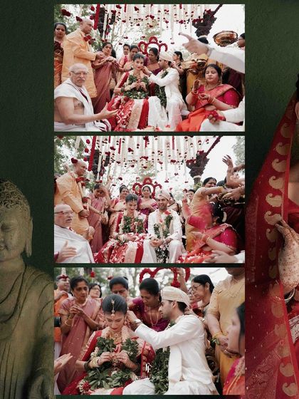 A collage showing various moments from a traditional wedding ceremony, including rituals and a beautiful portrait of the bride in her red saree.