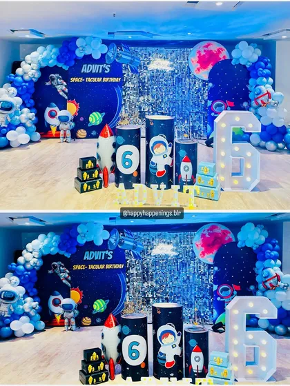 This is what a "space-tacular" birthday looks like. For Advit's 6th birthday, we created a complete intergalactic experience with a shimmering backdrop, custom astronaut and rocket props, and a stunning balloon arch to make his party feel out of this world.