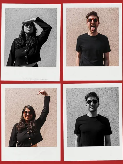 A fun polaroid-style collage showing the couple's playful side. This is a great way to capture different expressions and create a memorable save-the-date image.
