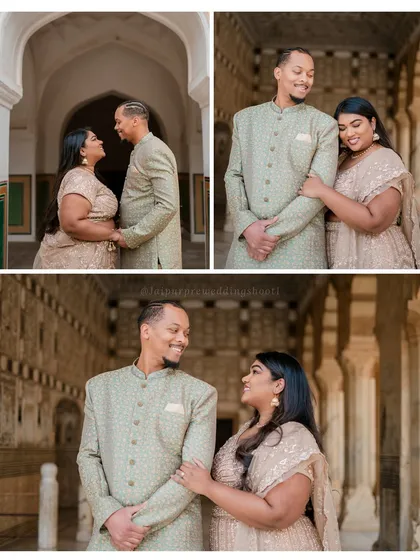 Close-up and medium shots of Kenneth and Lakshmi inside the fort, highlighting their beautiful coordinated outfits and the architectural details.