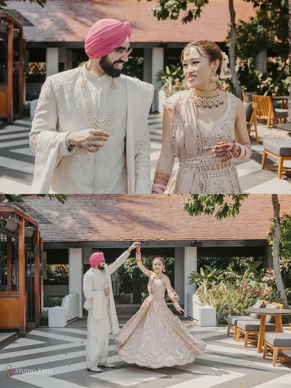 A collage capturing the couple's playful and romantic moments, including a sweet dance, during their wedding day in Bangkok.