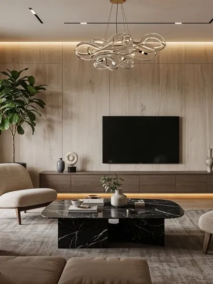 This Japandi living room uses soft natural tones, warm wood, and a statement black marble coffee table to create a space that is calm, welcoming, and full of personality.