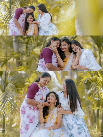 A collage of a bride's Haldi portraits, capturing her joyful moments with family and friends in a beautiful sunflower-themed setup.