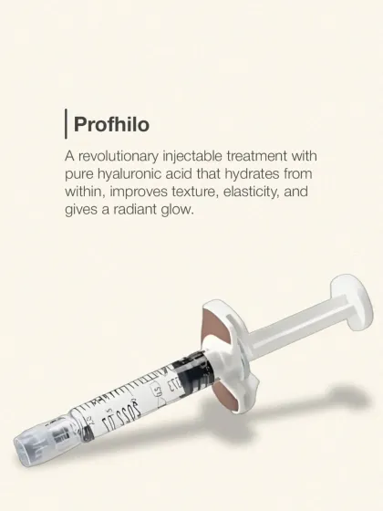 This graphic defines Profhilo as a revolutionary injectable treatment. It uses pure hyaluronic acid to hydrate from within, improving texture, elasticity, and radiance.