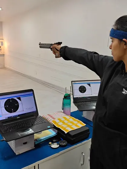 A pistol shooter from the ITBP during a focused training session at our Delhi branch, using our advanced electronic scoring system to analyze every shot.