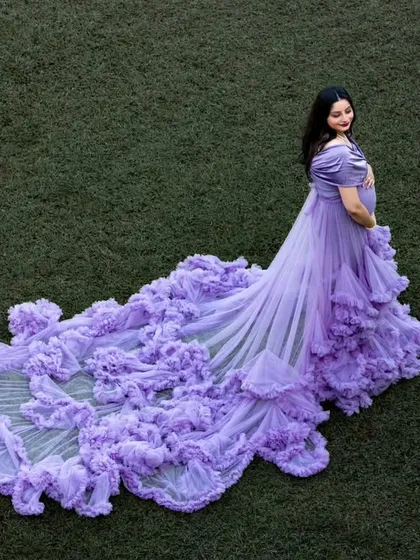 Another beautiful aerial perspective of the lavender gown, showing how the long train can be styled for different dramatic effects.