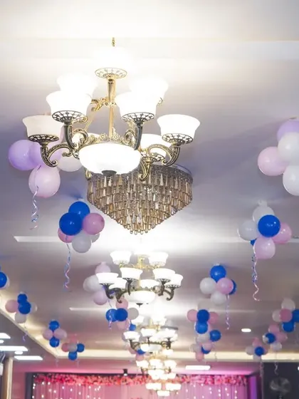 An upward shot of the balloon and chandelier decorations in a banquet hall. We find unique angles to showcase your event decor.