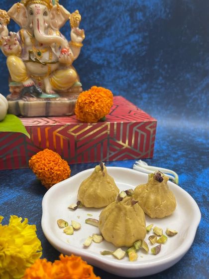 My pista modaks are made with ground pistachios and have a delicate, nutty flavor. They are a beautiful and delicious offering for Ganesh.
