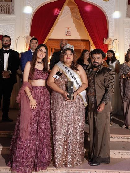 Our client and Maven Ms Plus Size North India 2024 winner, looking regal in a sequined rose gold gown. This proves that our outfits are fit for a queen.