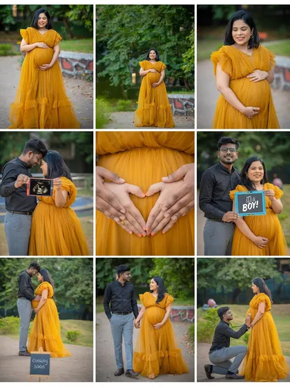 This collage shows the variety you can expect in a single session. We captured solo portraits, romantic couple poses, and used props like the sonogram and a gender reveal sign, all in one beautiful outdoor shoot.