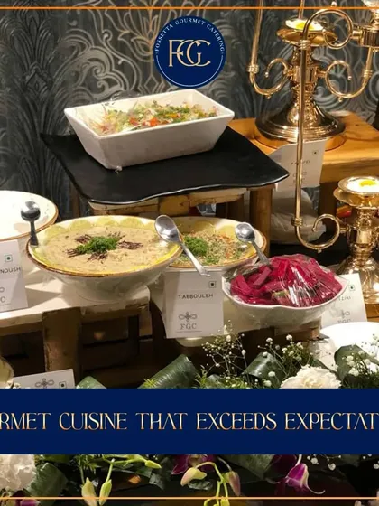 Our gourmet cuisine exceeds expectations. This section of the buffet features Mediterranean favorites like Baba Ghanoush and Tabbouleh, showcasing our diverse menu offerings.