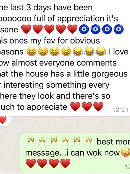 This is my best award ever. A screenshot of a happy client's message, sharing how much they and their guests love their new home. This joy is the reason I do what I do, creating spaces that evoke happiness and collecting friendships for a lifetime.