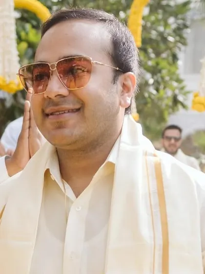 The groom, dressed in traditional South Indian attire, ready for his Haldi ceremony.